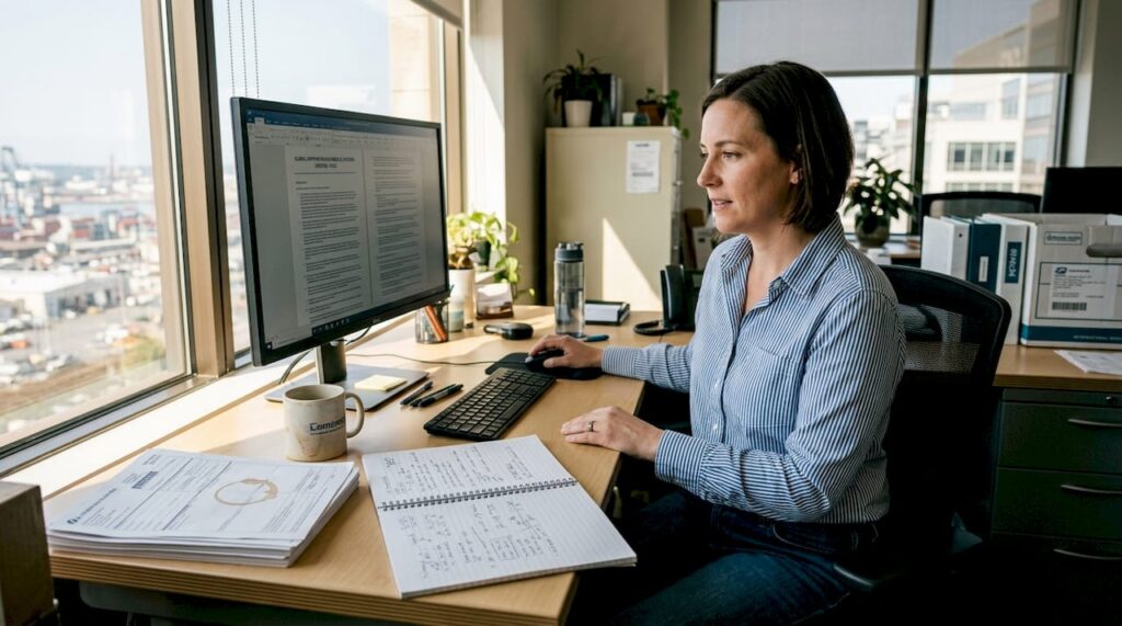 Logistics manager at desk reviewing shipping rules