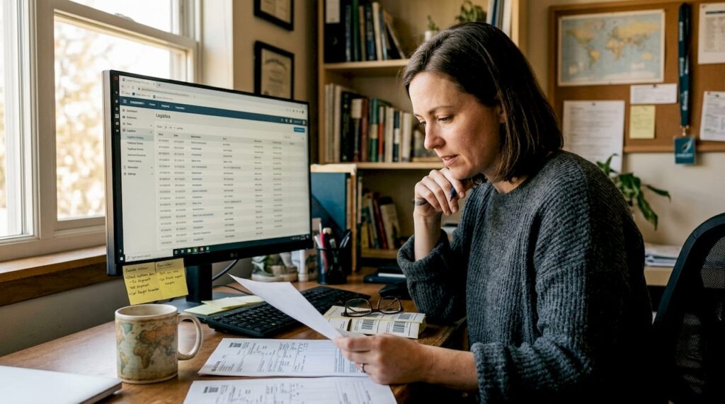 Logistics manager reviewing global shipping workflow