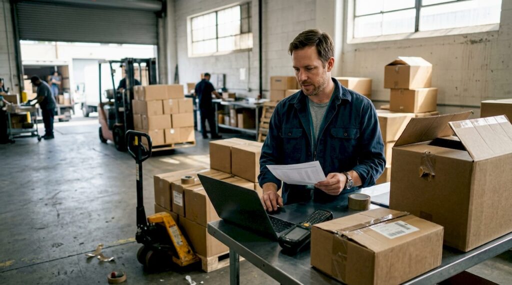 Logistics worker checking inventory in warehouse