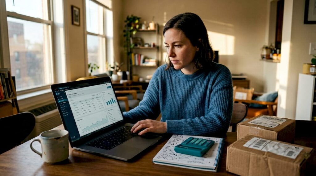 Woman booking ecommerce freight at kitchen table