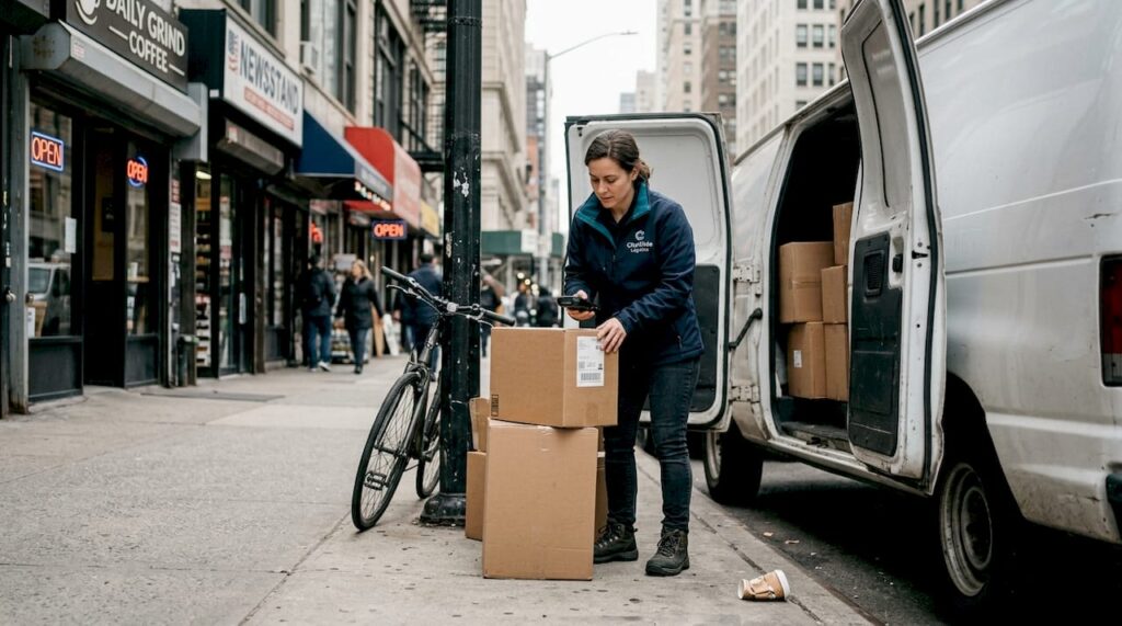 City courier delivering ecommerce packages street-side