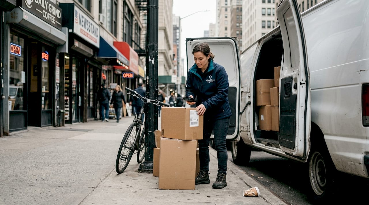 City courier delivering ecommerce packages street-side