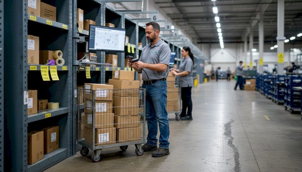 Warehouse supervisor scans packages for urgent delivery