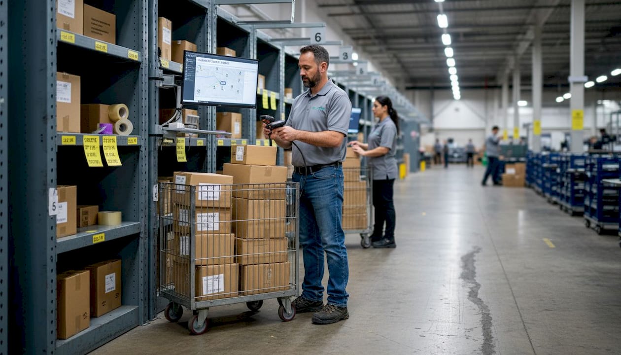 Warehouse supervisor scans packages for urgent delivery