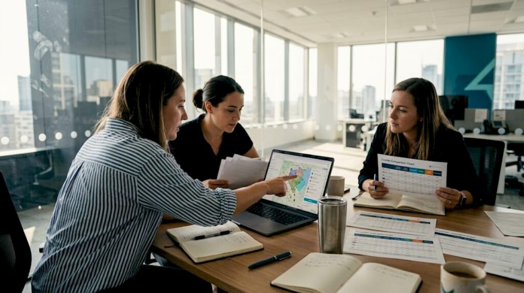 Ecommerce managers reviewing courier charts at meeting