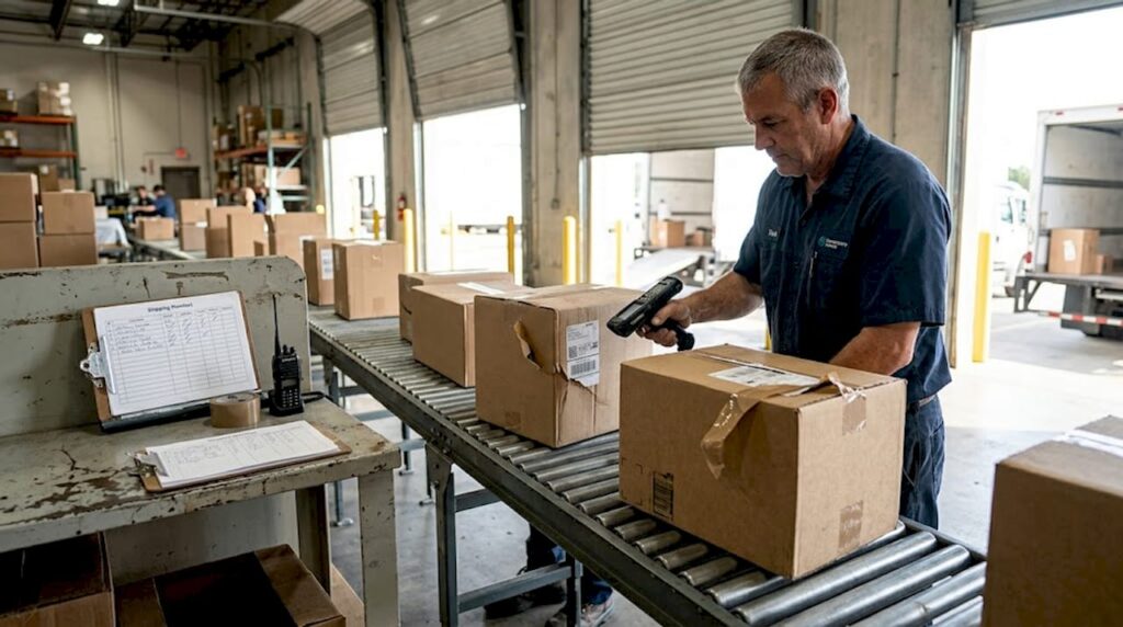Warehouse worker scanning package for tracking