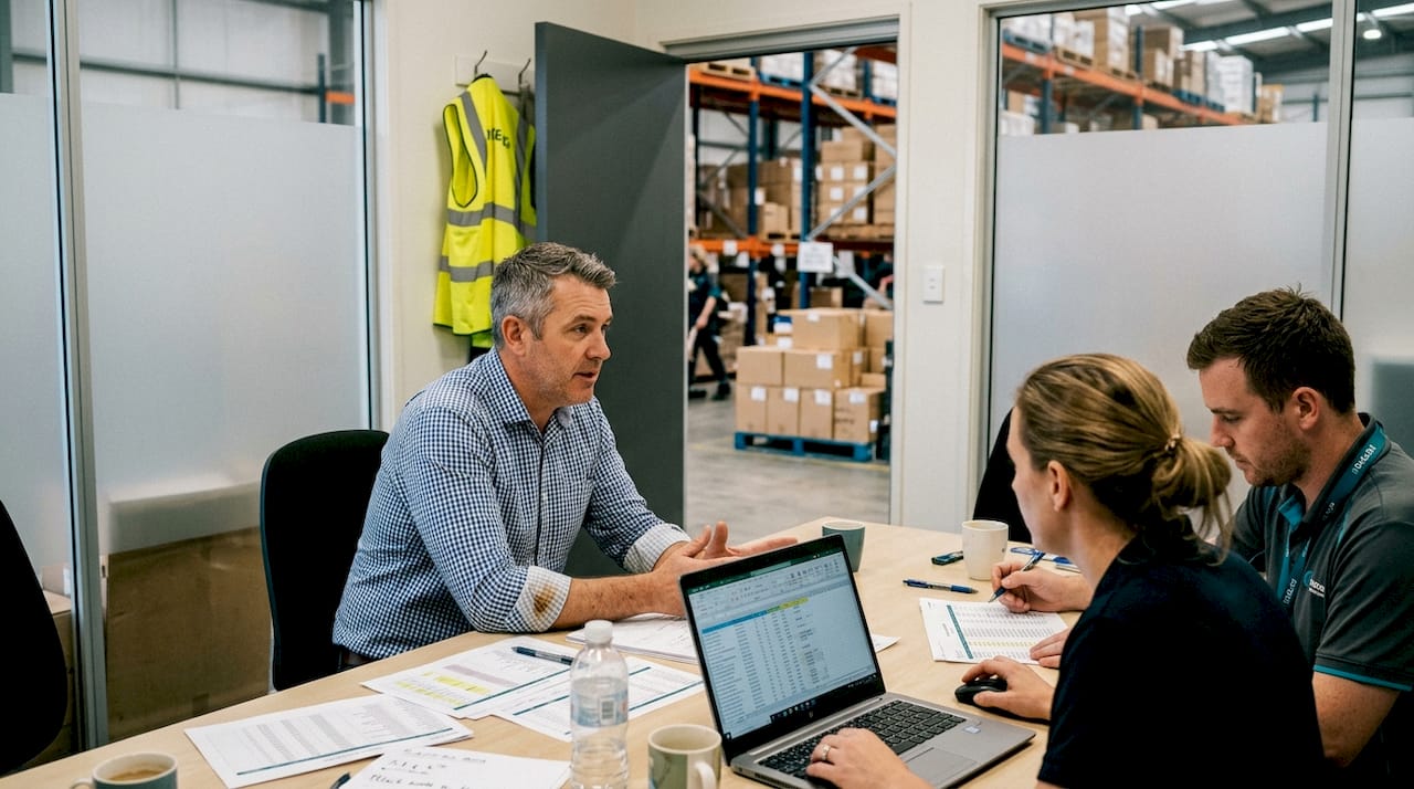 Team discussing logistics strategies in warehouse meeting