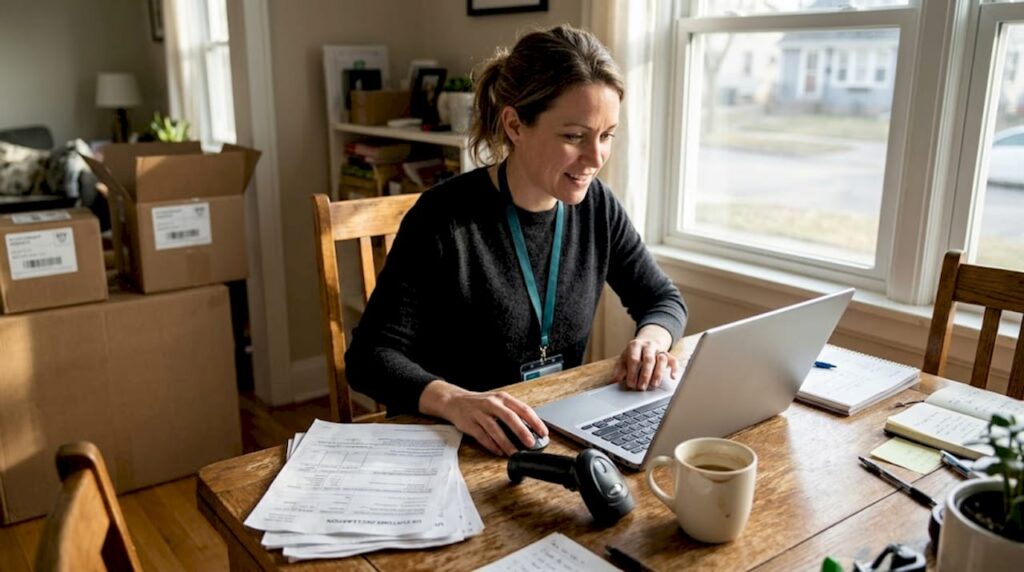 Business owner preparing shipment at home workspace