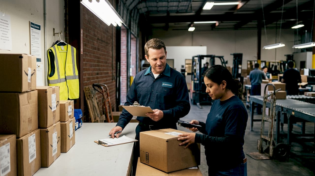 Manager checking parcels in shipping bay