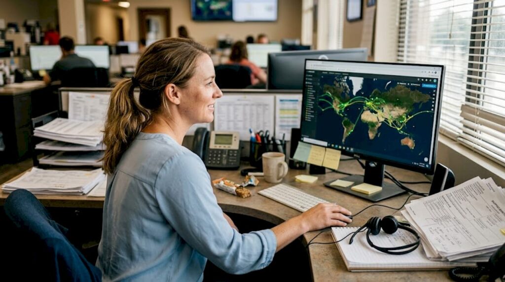 Manager reviewing global logistics dashboard