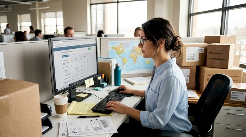 Coordinator comparing freight booking options at desk