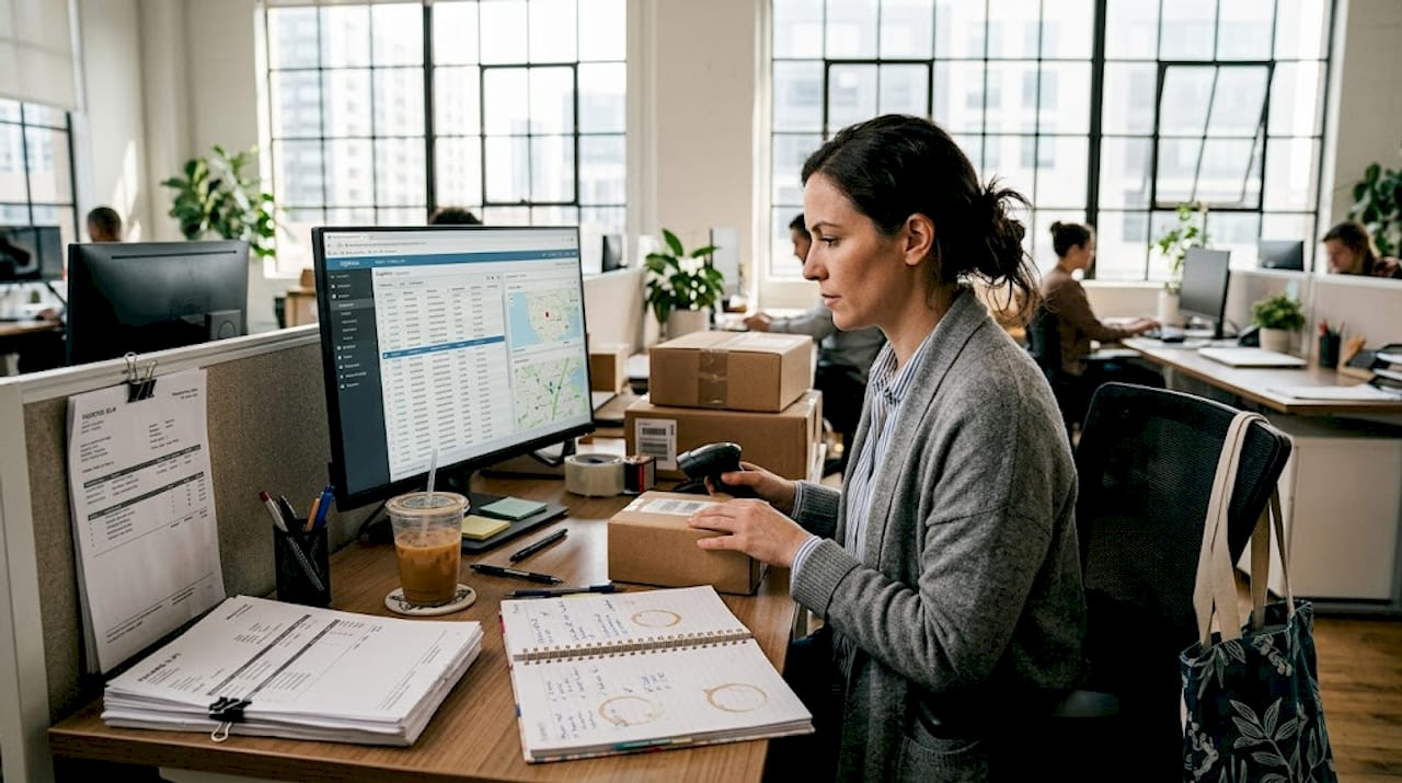 E-commerce manager reviewing logistics on desktop