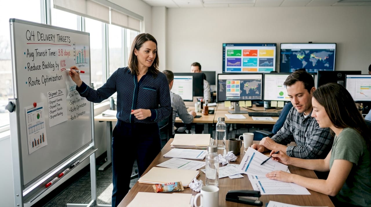Logistics team coordinating in busy office workspace