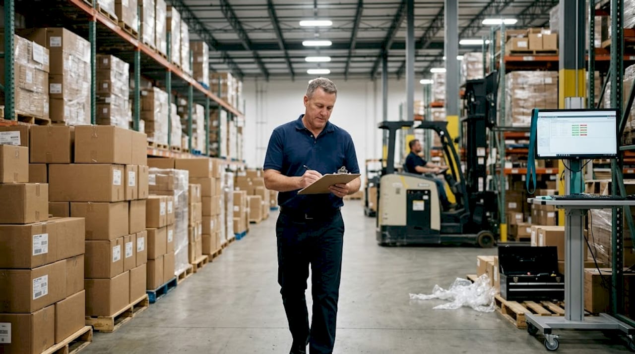 Manager checking inventory in warehouse aisle