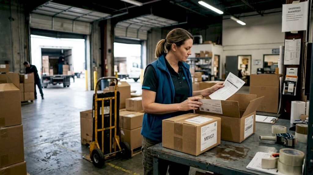 Manager checking international shipments in warehouse