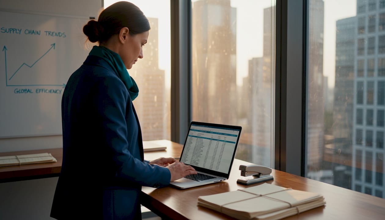 Manager analyzing air freight logistics data