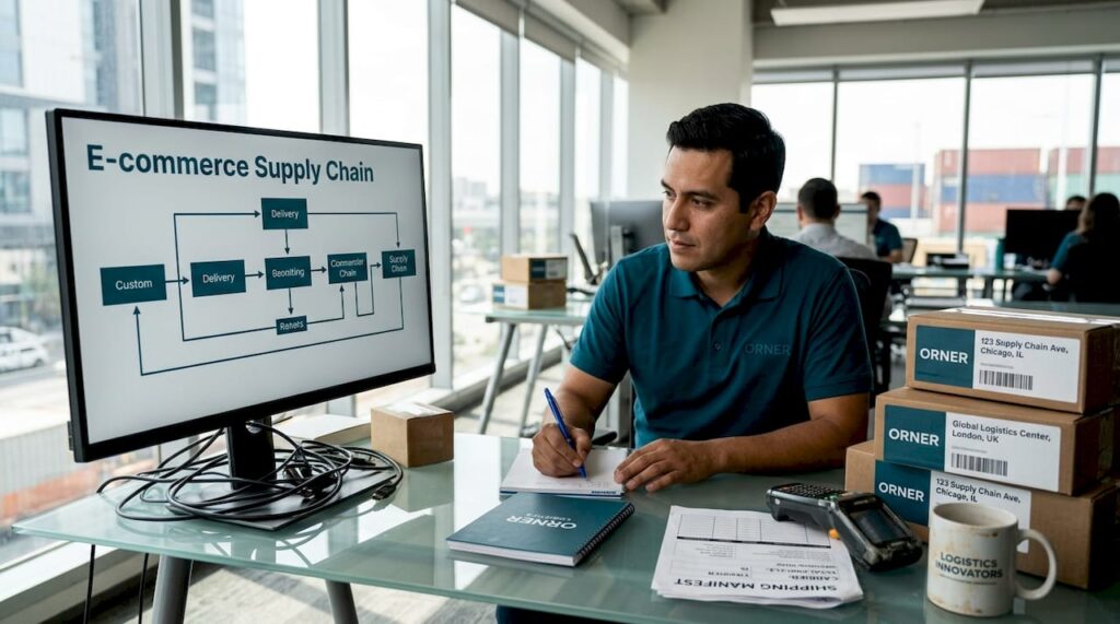 Logistics manager reviewing e-commerce supply chain