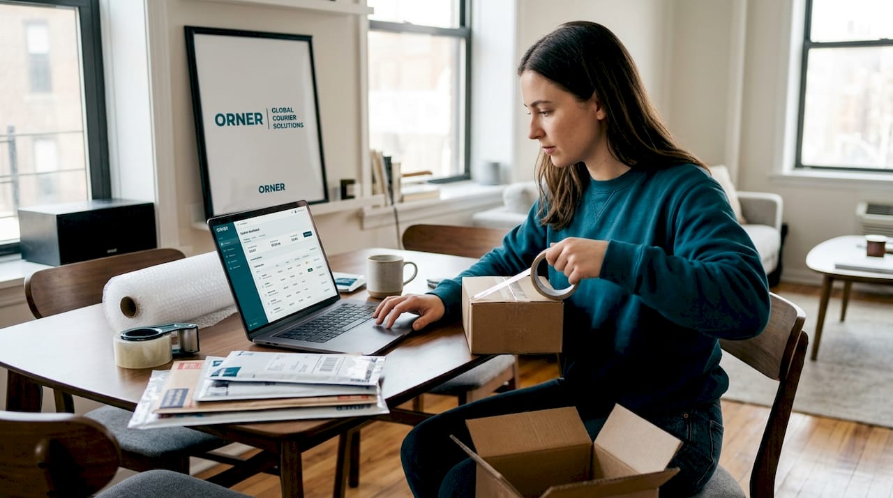 Founder prepping startup shipment in home workspace