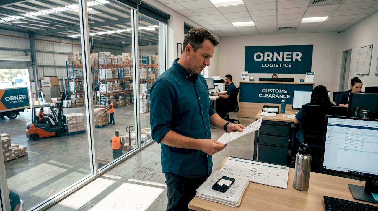 Logistics manager reviews shipping papers in busy warehouse office
