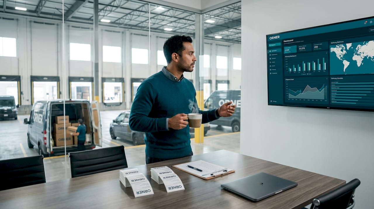Courier manager checks ecommerce shipment dashboard