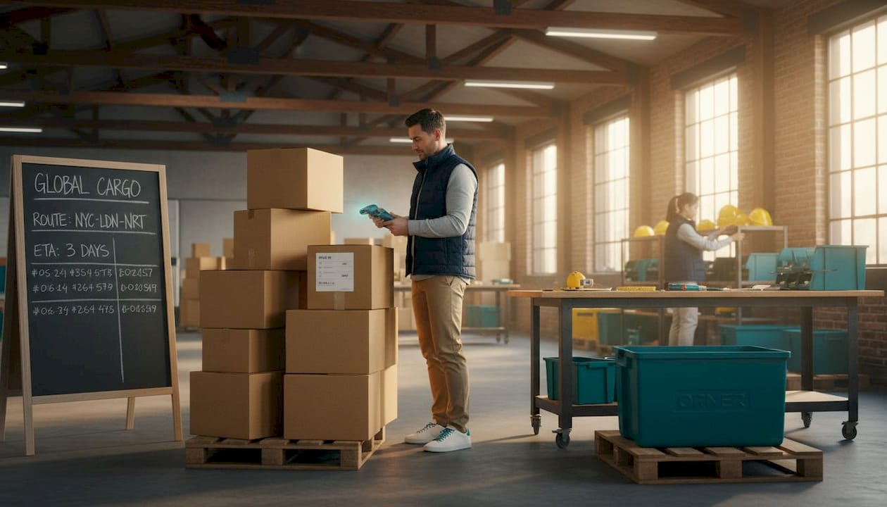 Coordinator scanning oversized shipment boxes in warehouse