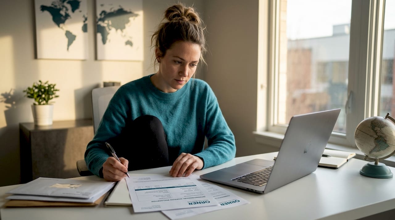 Woman reviewing cross-border logistics paperwork at home