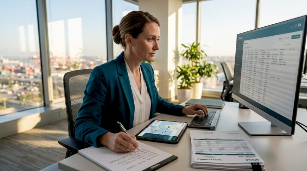 Logistics manager reviewing freight booking data