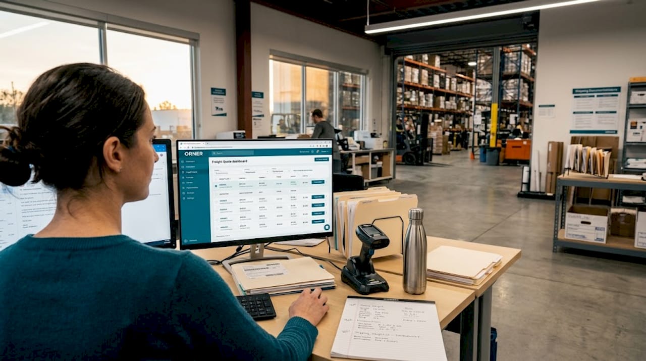 Logistics worker reviewing freight quotes at desk