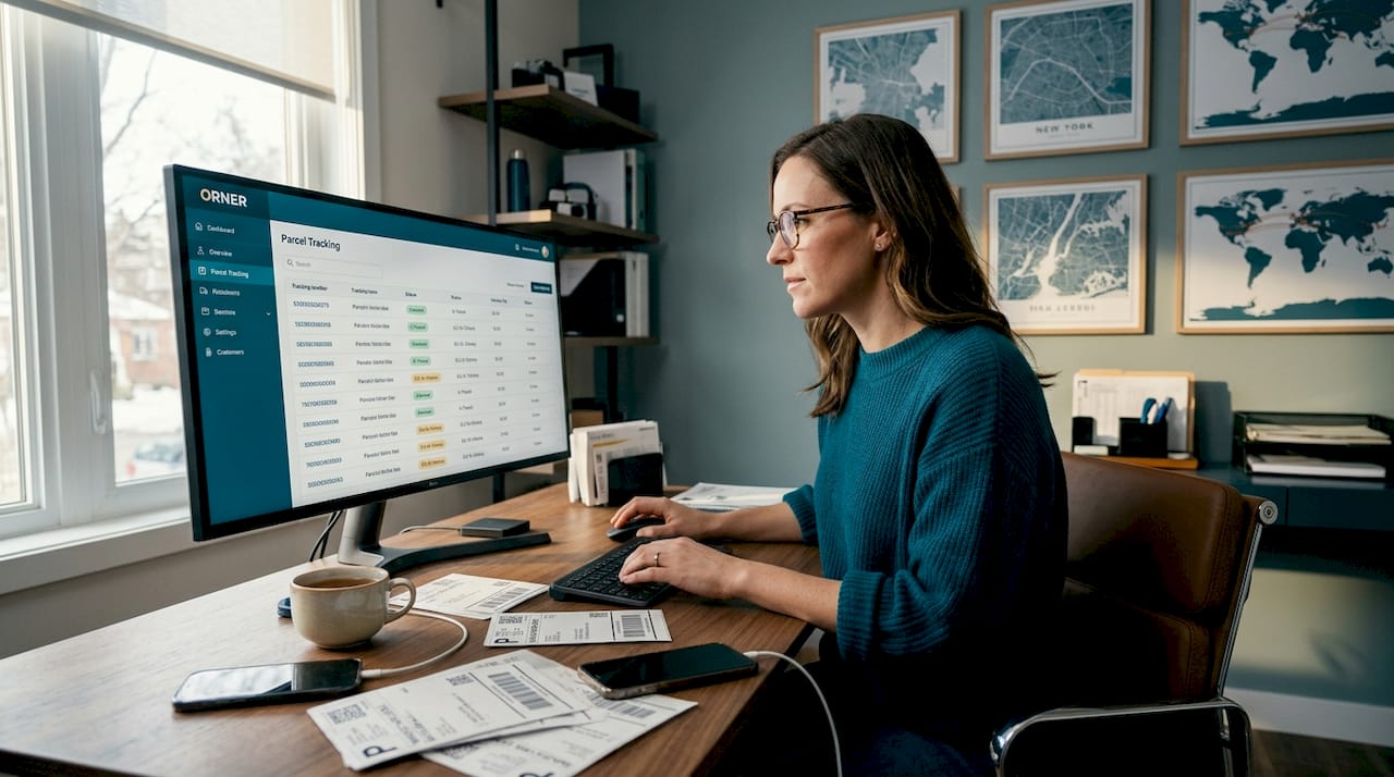 Logistics coordinator tracking parcels on desktop
