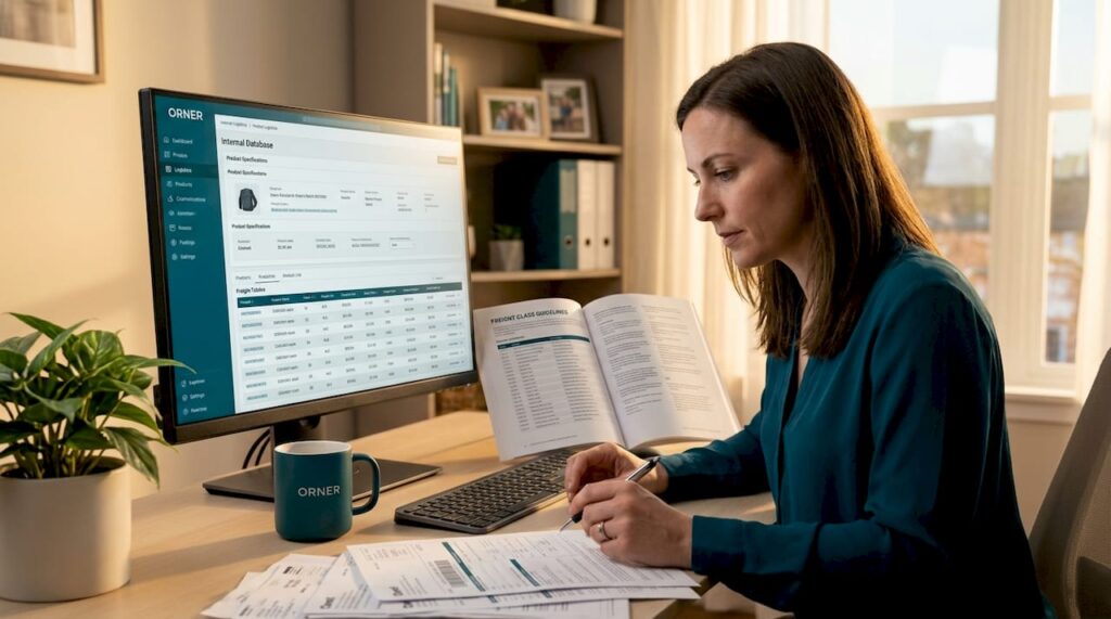 Logistics manager reviewing freight class guide