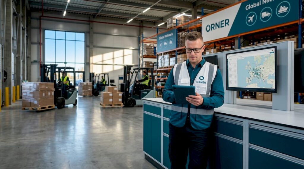 Warehouse manager checking inventory on tablet