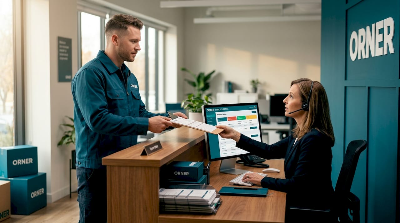 Courier handing delivery papers to office staff