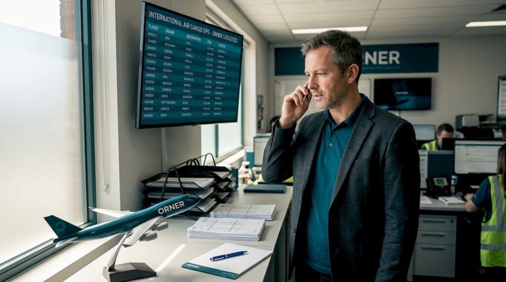Manager reviewing freight logistics in office