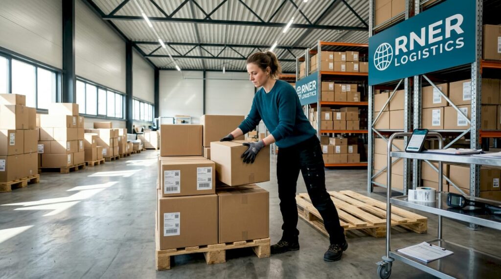 Warehouse worker packing heavy ecommerce boxes