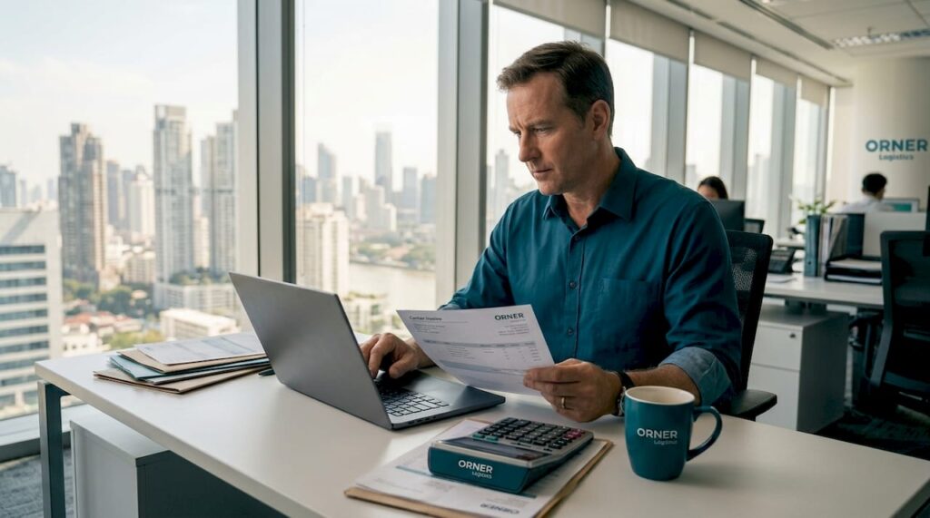 Freight auditor comparing invoices at desk