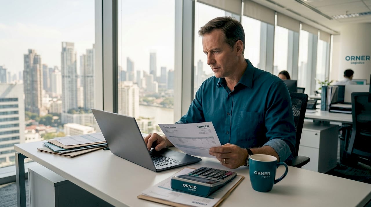 Freight auditor comparing invoices at desk