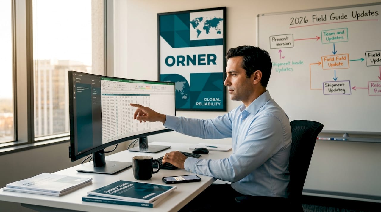 Logistics manager reviewing data at office desk