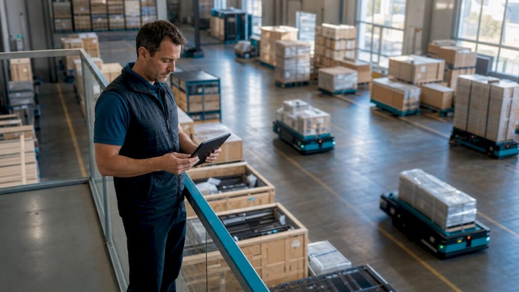 Logistics manager checking shipment manifests in warehouse