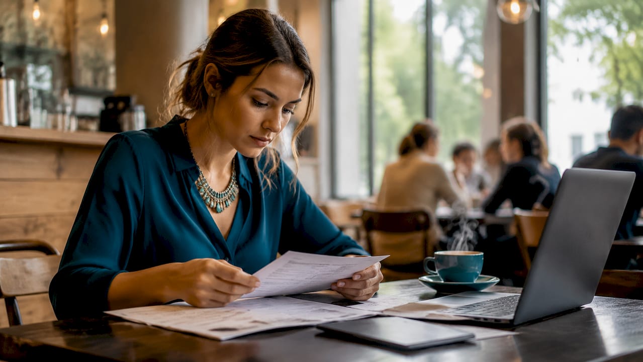 Ecommerce seller reviewing shipping invoices at desk