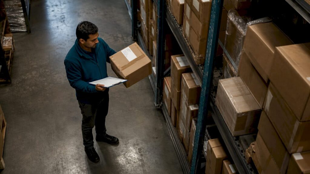 Logistics manager inspecting ecommerce parcels in warehouse
