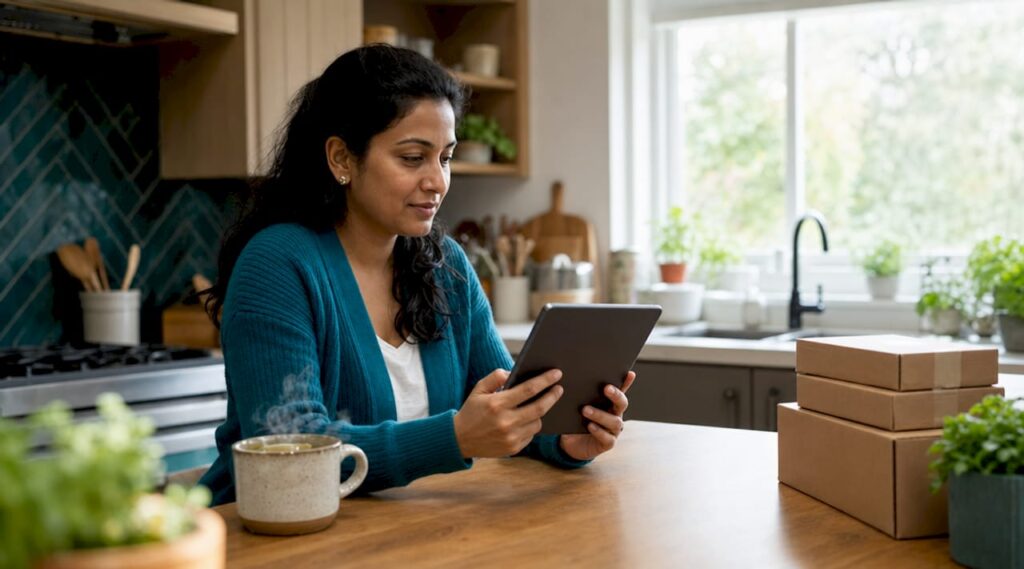 Woman reviewing ecommerce order tracking dashboard