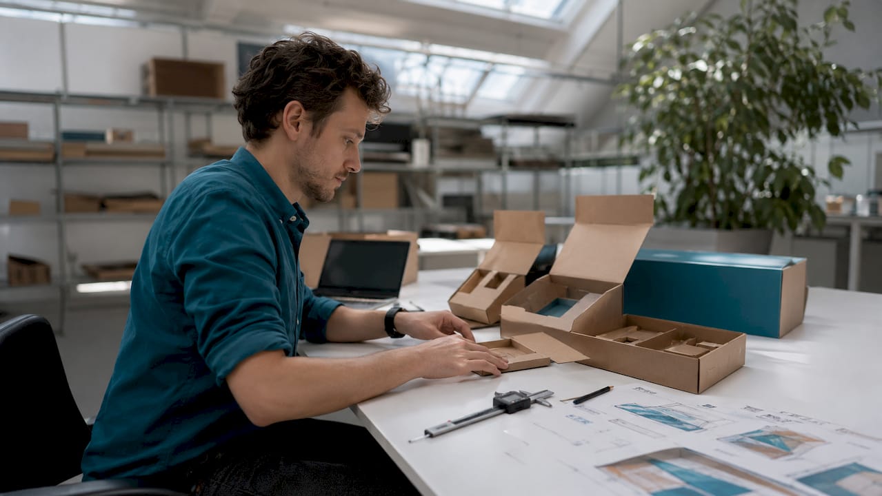 Packaging engineer reviewing branded packaging samples