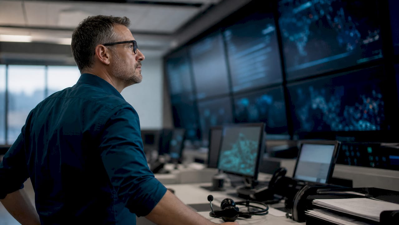 Logistics manager monitoring real-time data screens