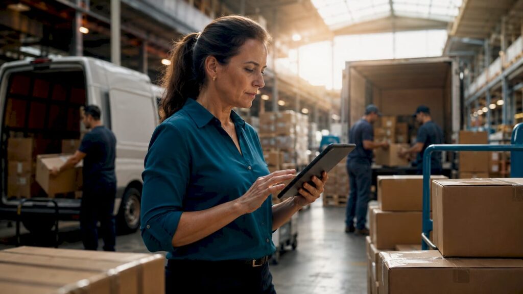 Delivery manager reviewing shipment tracking at office