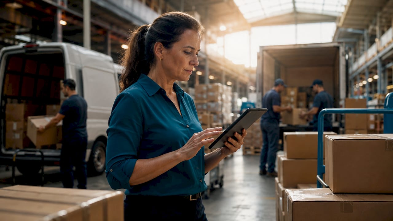 Delivery manager reviewing shipment tracking at office