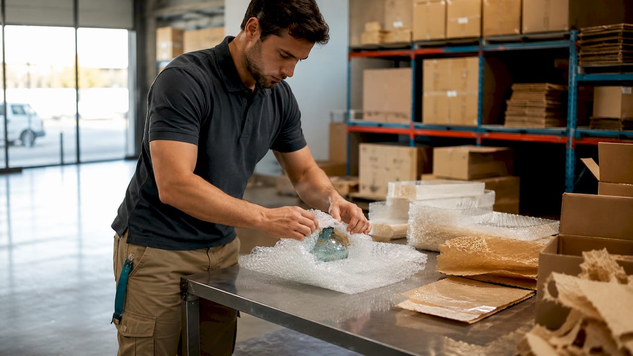 Person carefully wrapping fragile item for shipping
