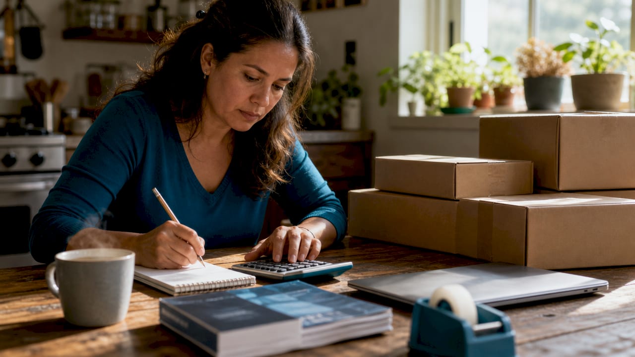 Ecommerce seller calculating shipping costs at desk