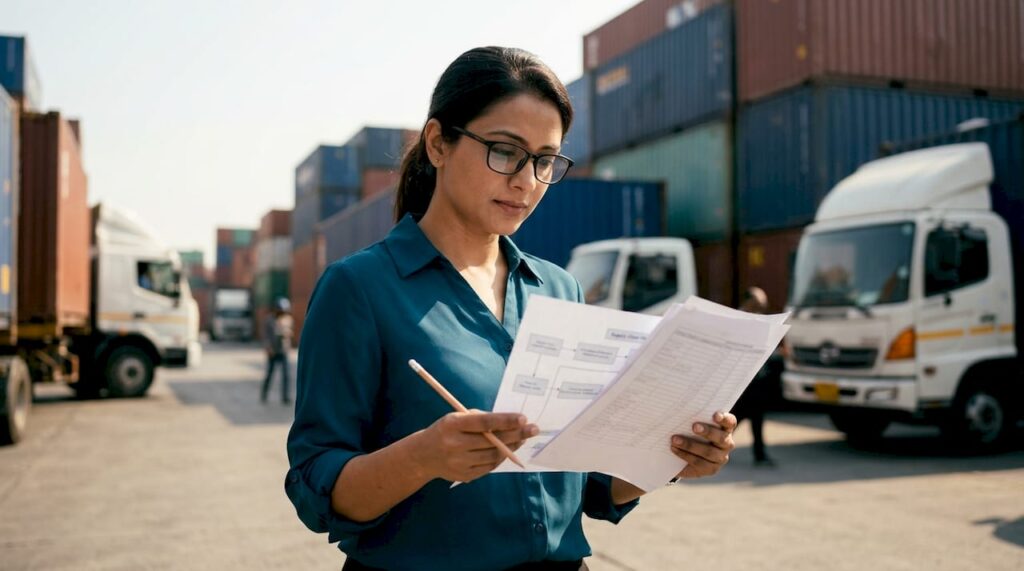Logistics manager reviewing supply chain documents in warehouse office