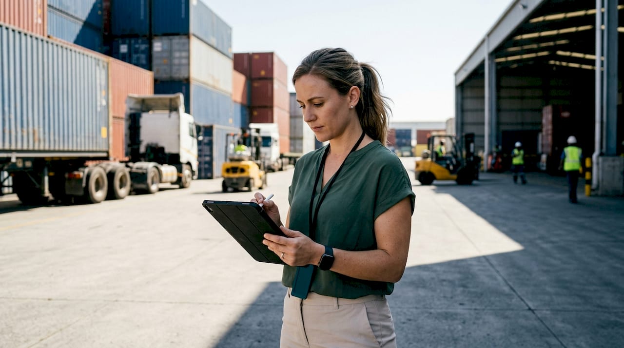 Logistics manager reviewing cargo consolidation in warehouse