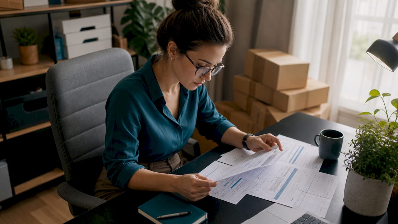 Logistics professional analyzing shipment data at desk